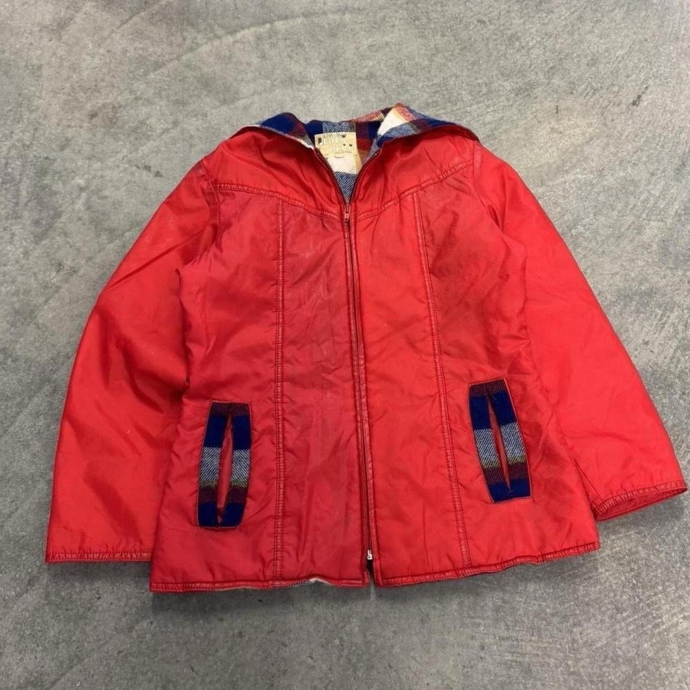 70's Women's Nylon Jacket Zip Up Hooded Red Plaid Accents Outdoor Gorp Large